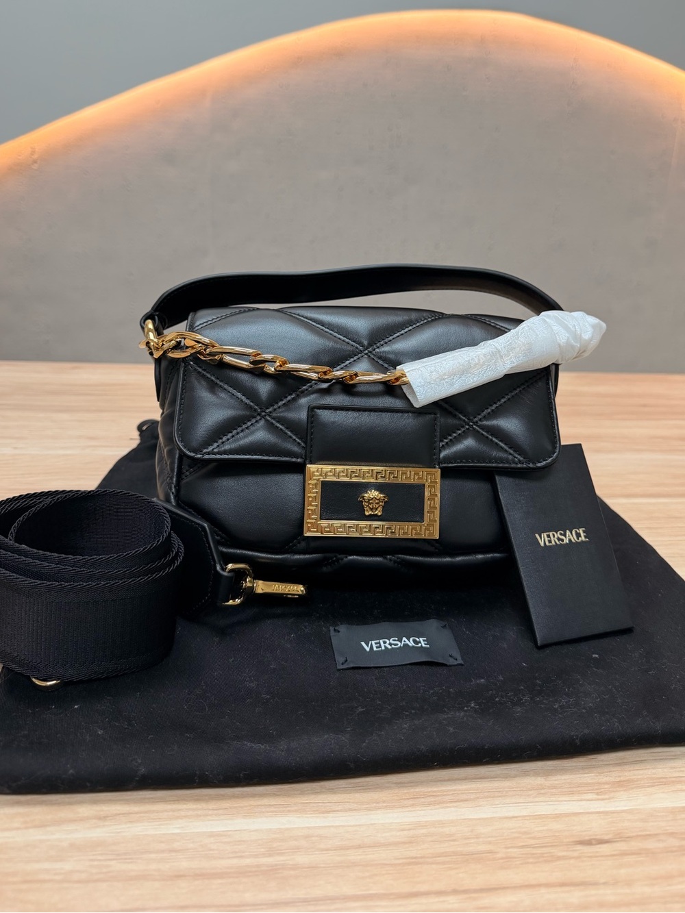 Versace Black Quilted Leather Shoulder Bag with Gold Chain Trim